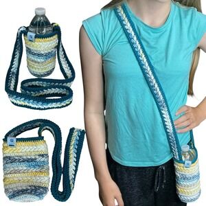 Handmade Multicolor Crochet Water Bottle Holder Bag Wheat Stitch Boho Crossbody